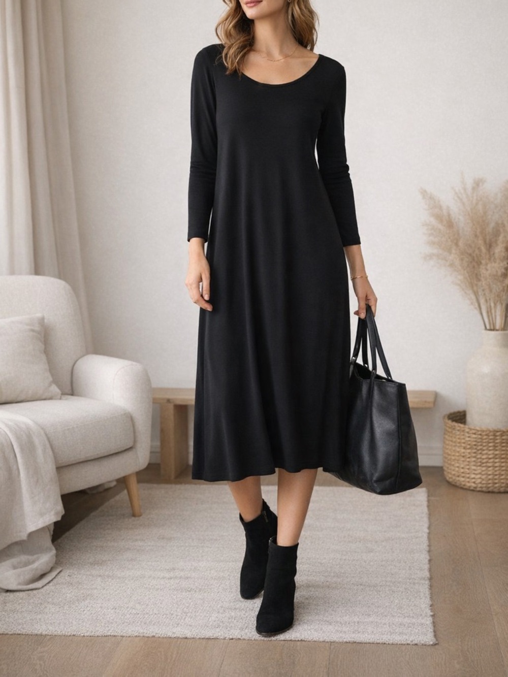 Eileen Fisher Black Knit Dress Small Keyhole Back Long Sleeve Minimalist